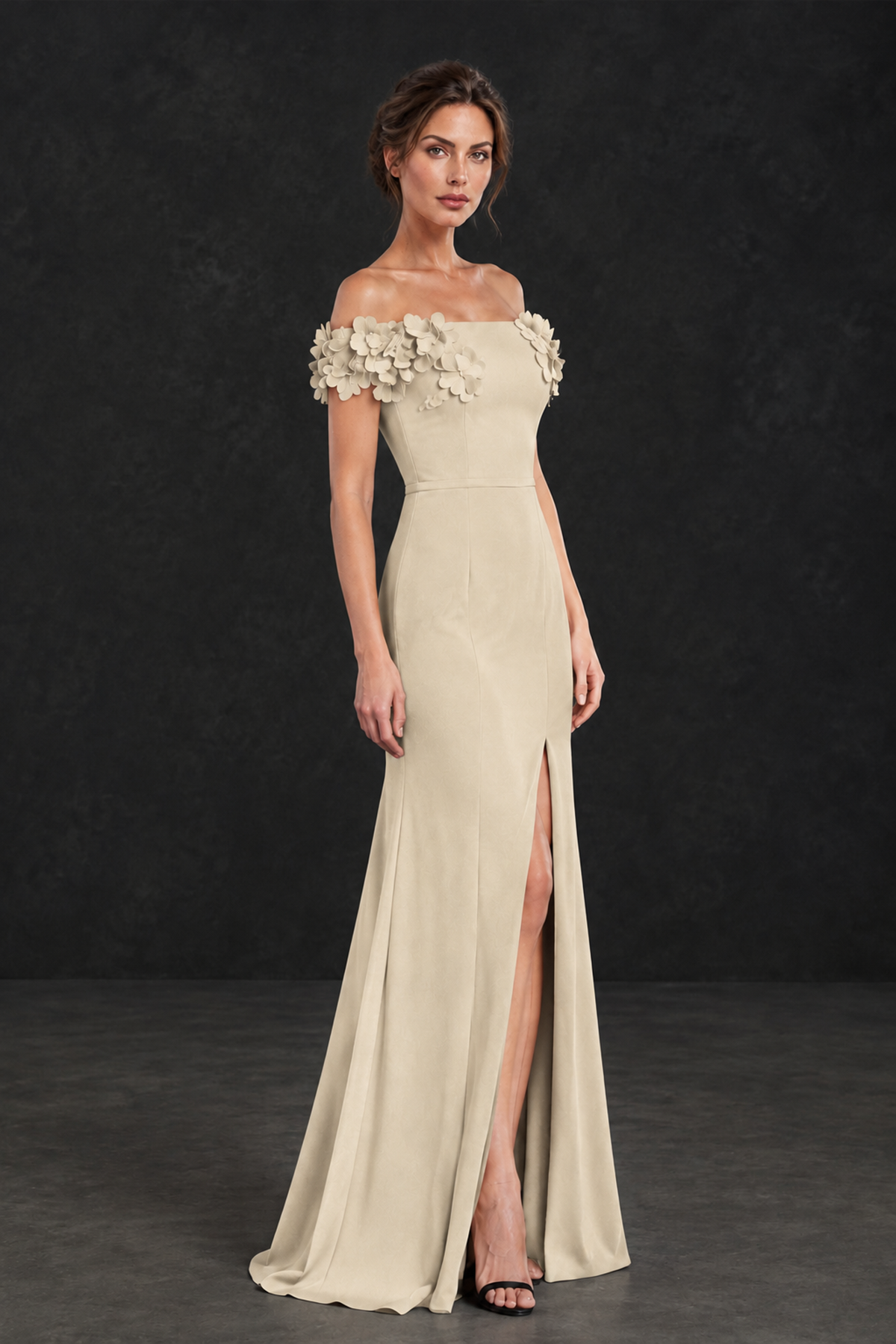 BOLODOO Champagne Off-the-Shoulder Mother of the Bride Dress with Floral Appliques - Champagne - Champagne_03