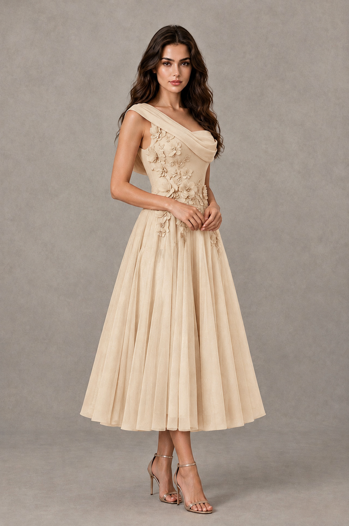 BOLODOO Champagne One-Shoulder Floral Tulle Tea-Length Dress - Champagne - Champagne_03
