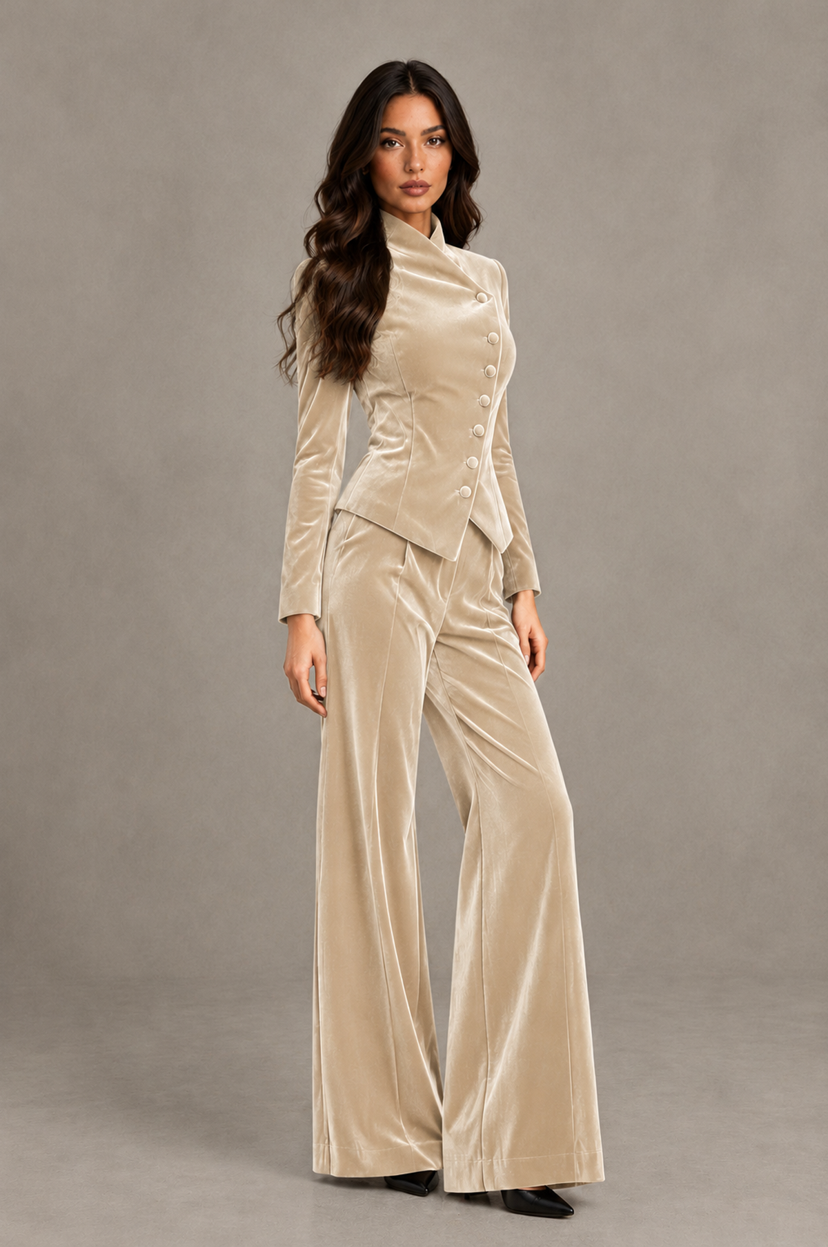 BOLODOO Champagne Velvet Two-Piece Pantsuit with Long Sleeve Blazer & Wide-Leg Trousers - Champagne - Champagne_03