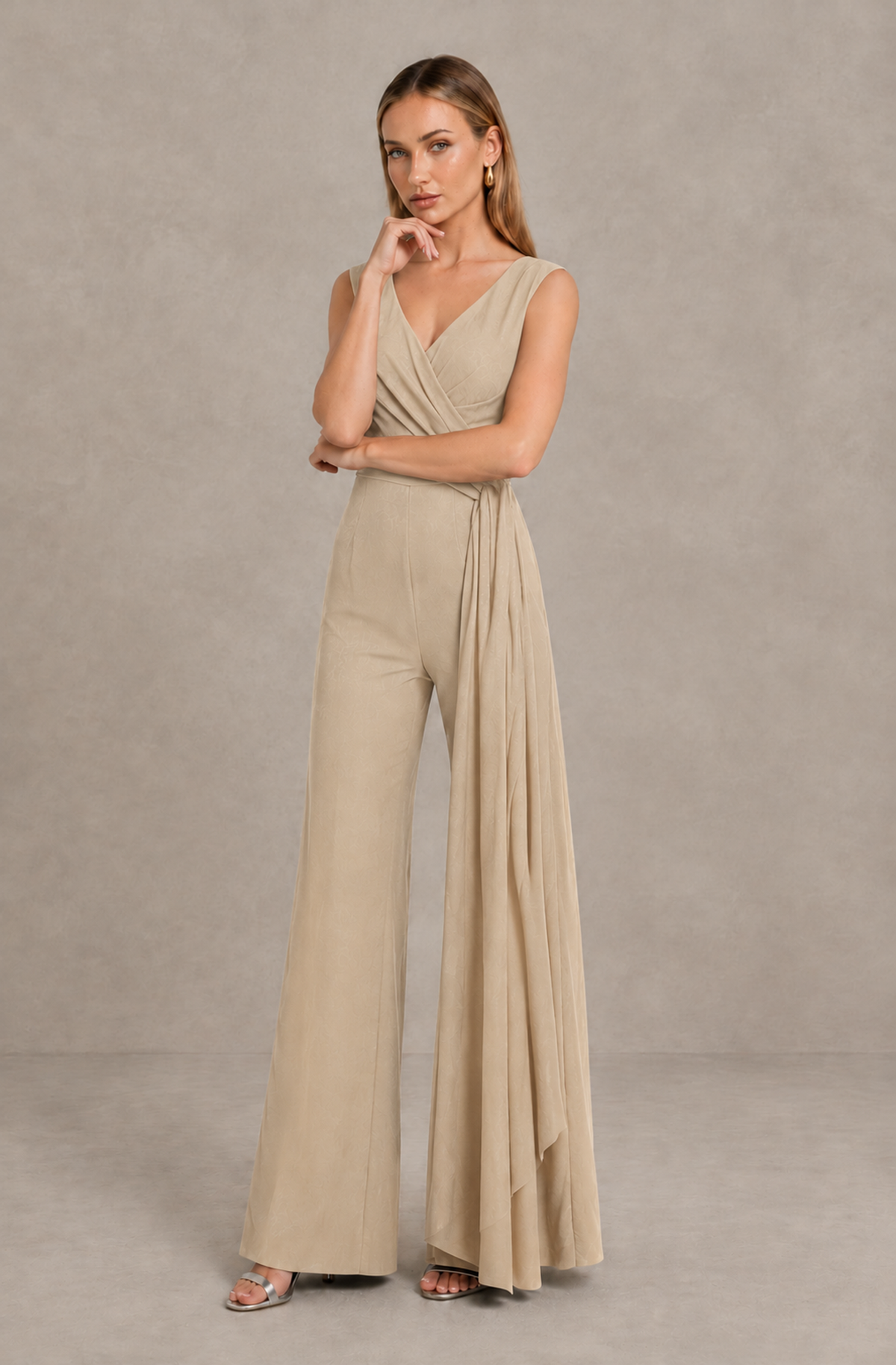 BOLODOO Champagne Sleeveless V-Neck Wide-Leg Jumpsuit with Side Drape - Champagne - Champagne_03