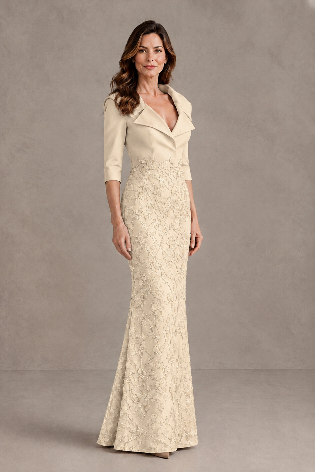 BOLODOO Champagne Three-Quarter Sleeve Mermaid Evening Dress with Floral Detail - Champagne - Champagne_03
