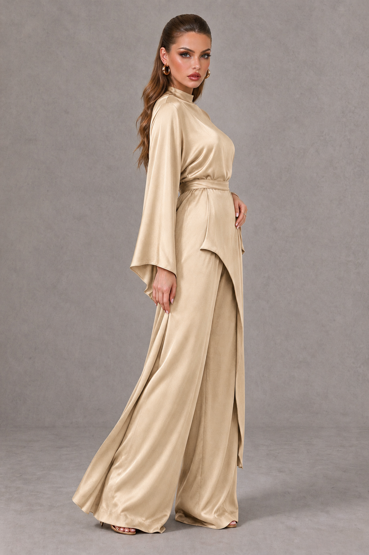BOLODOO Champagne Satin-Look Long Sleeve Wide-Leg Jumpsuit - Champagne - Champagne_03