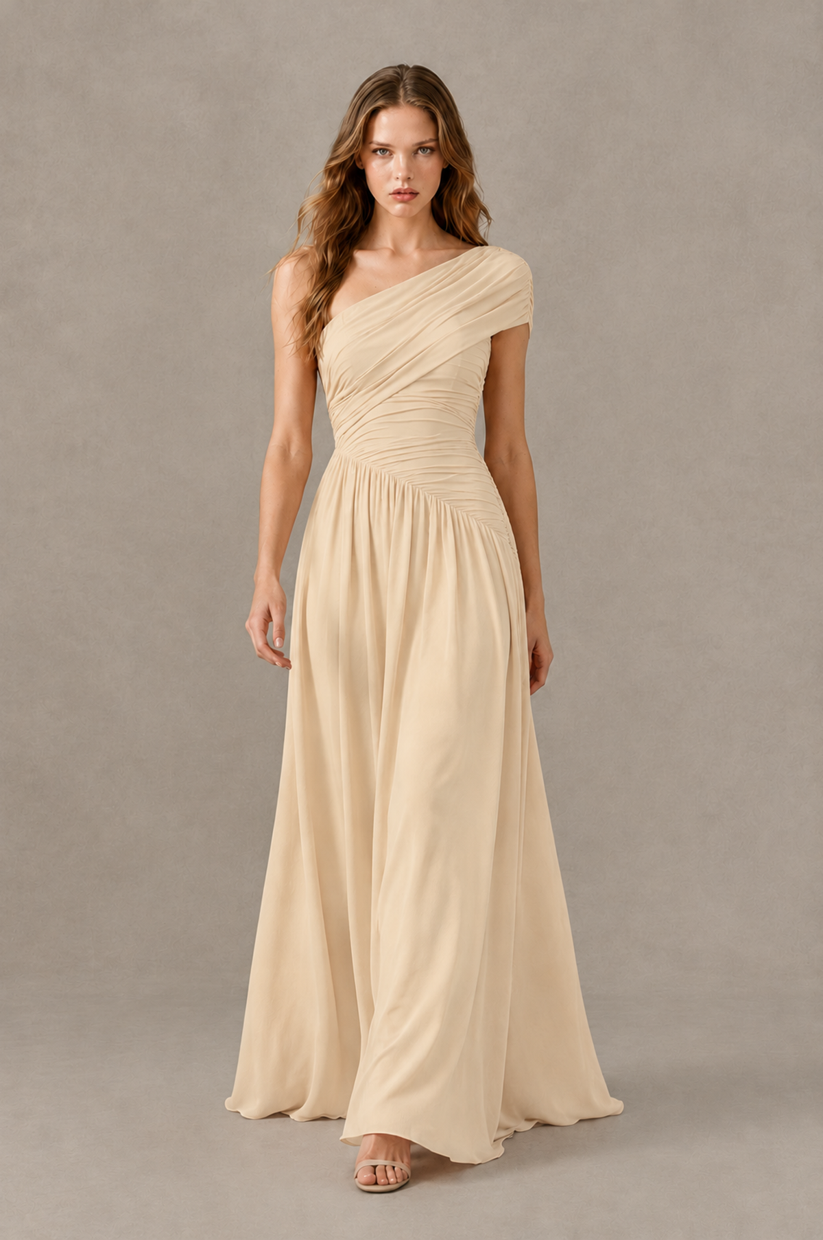 BOLODOO Champagne One-Shoulder Ruched Floor-Length Bridesmaid Dress - Champagne - Champagne_03