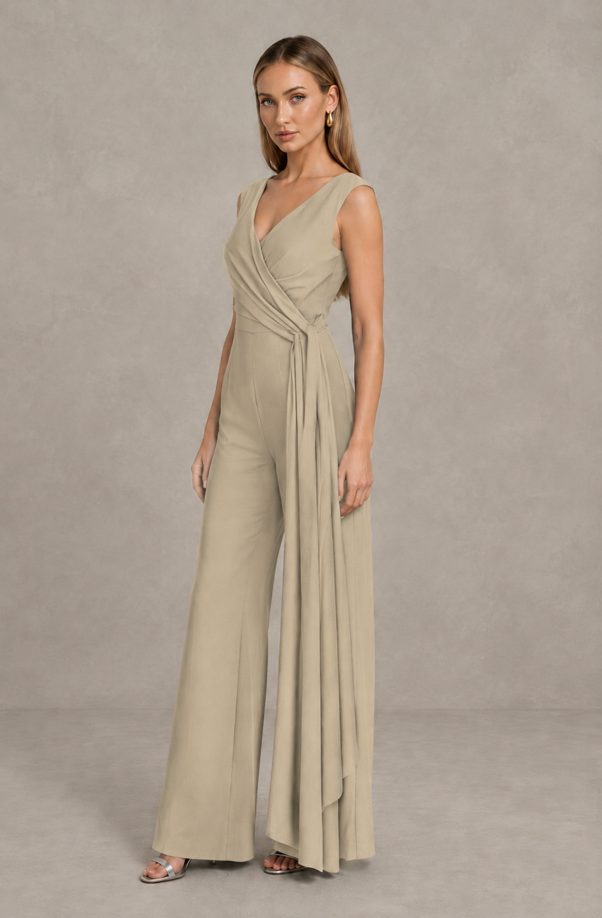 BOLODOO Champagne Sleeveless V-Neck Wide-Leg Jumpsuit with Side Drape - Champagne - Champagne_04