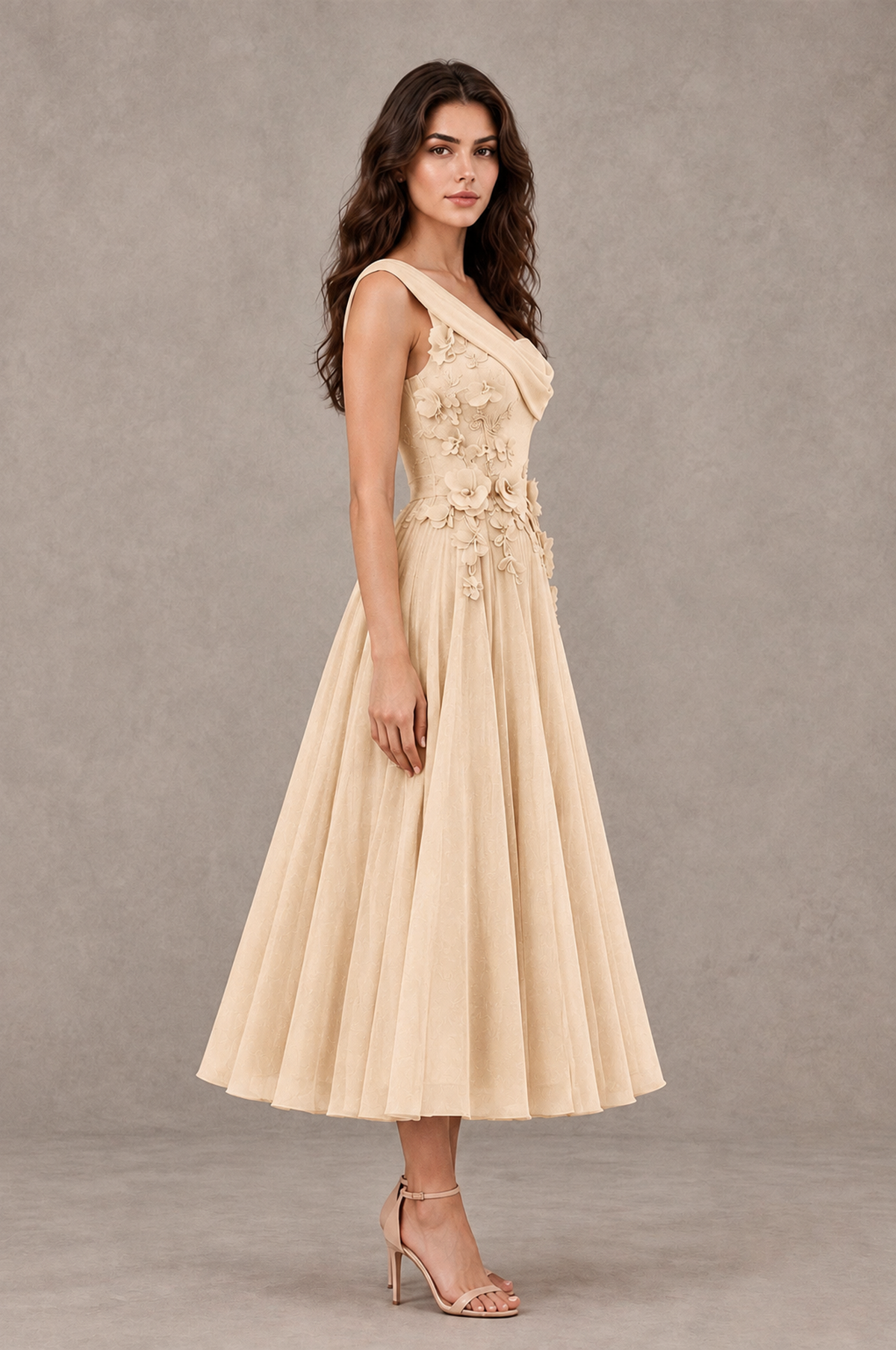 BOLODOO Champagne One-Shoulder Floral Tulle Tea-Length Dress - Champagne - Champagne_04