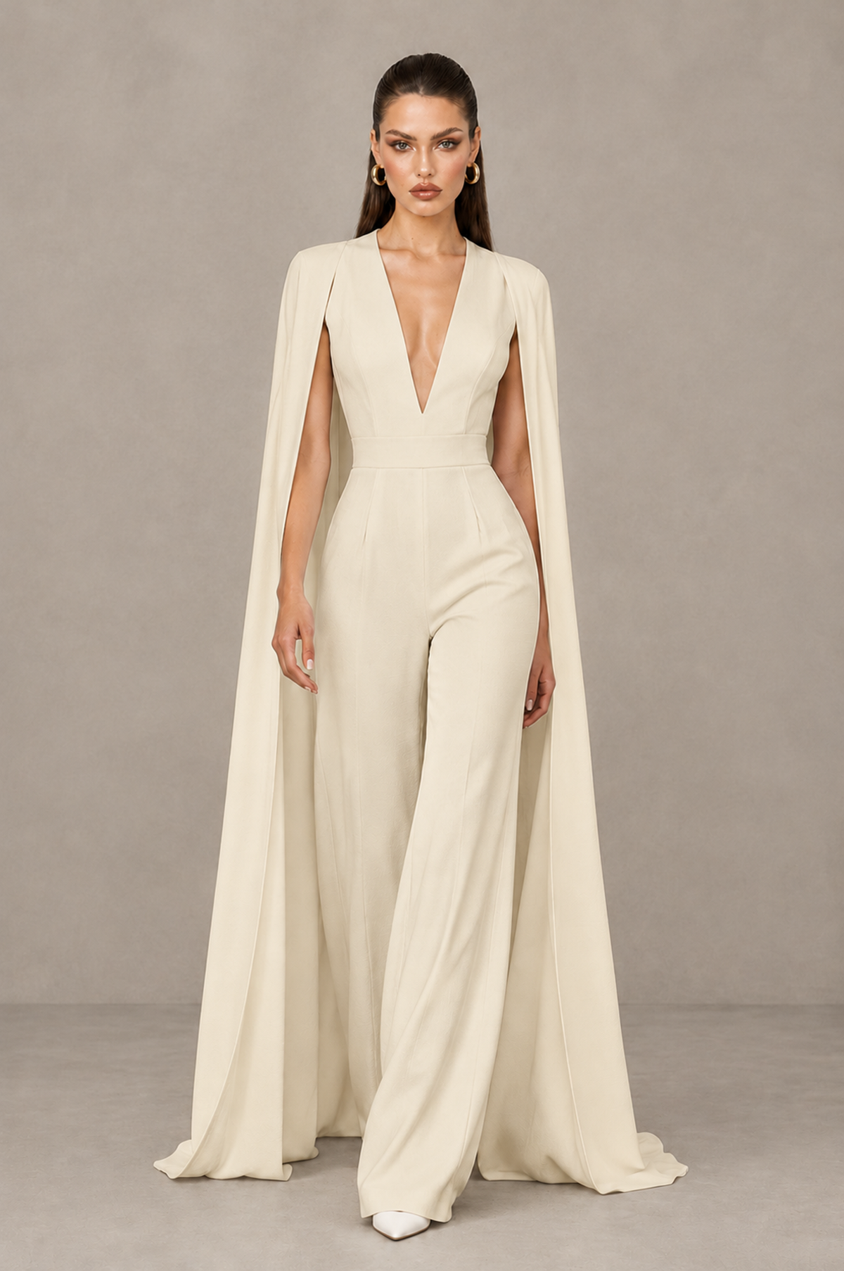 BOLODOO Champagne Deep V-Neck Cape Sleeve Bridal Jumpsuit - Champagne - Champagne_04