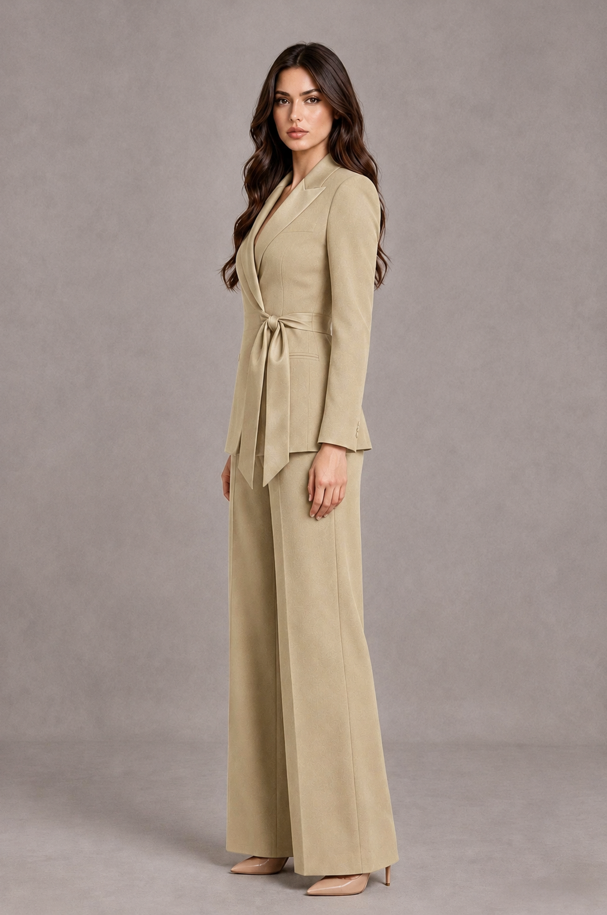 BOLODOO Champagne Tie-Waist Blazer & Wide-Leg Pantsuit - Champagne - Champagne_04
