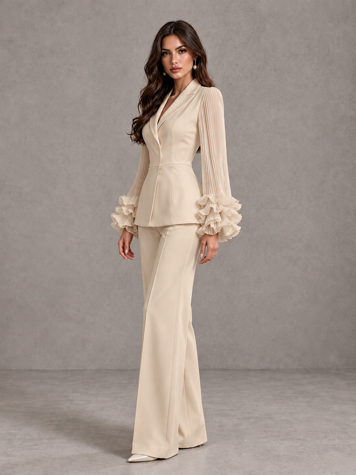 BOLODOO Champagne Mother of the Bride Pant Suit – Pleated Long Sleeve Ruffle Cuff Wide Leg Trouser Suit - Champagne - Champagne_04