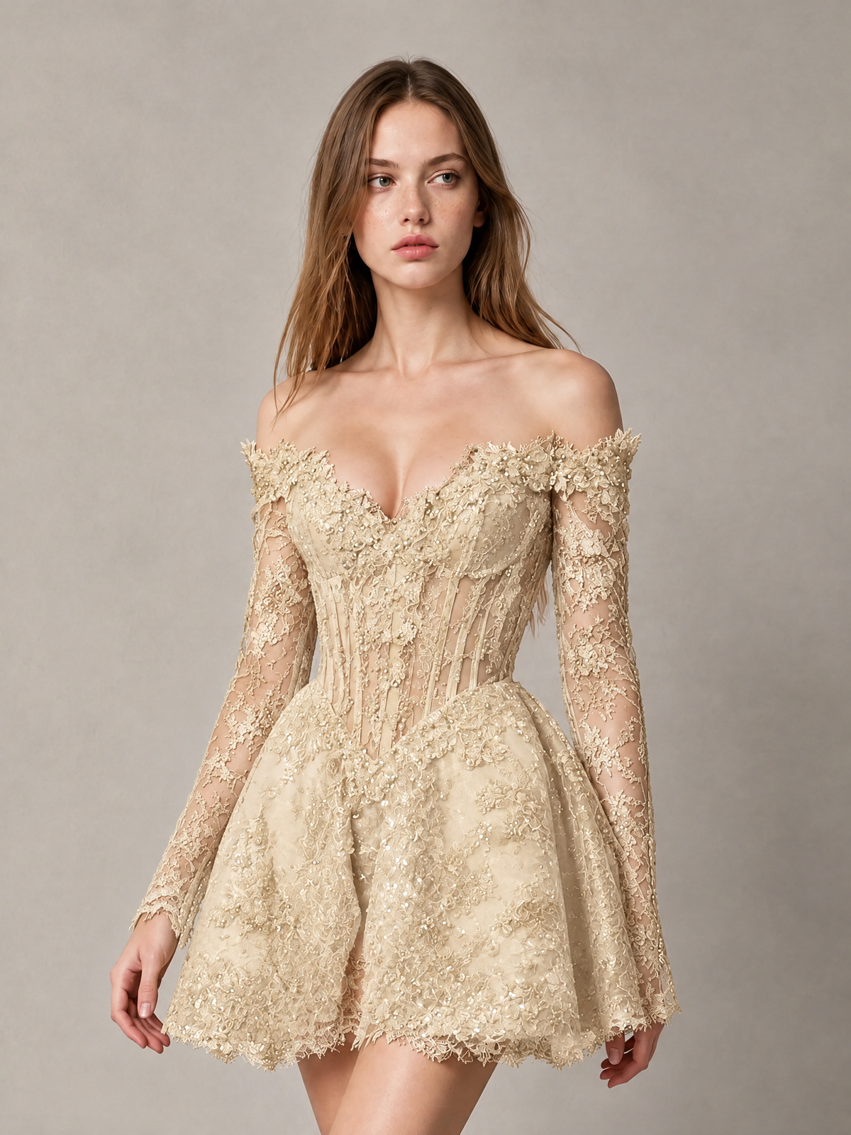 BOLODOO Champagne Off-Shoulder Long Sleeve Sheer Lace Sequin Corset A-Line Mini Dress | Open Back Cocktail Party Dress - Champagne