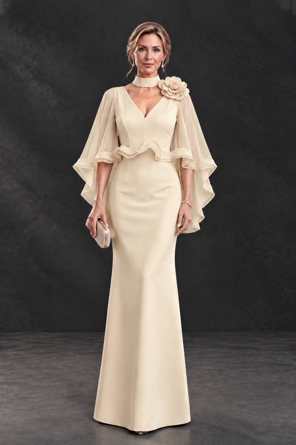 BOLODOO Champagne Floral Cape Sleeve Mother of the Bride Dress - Champagne - Champagne_1