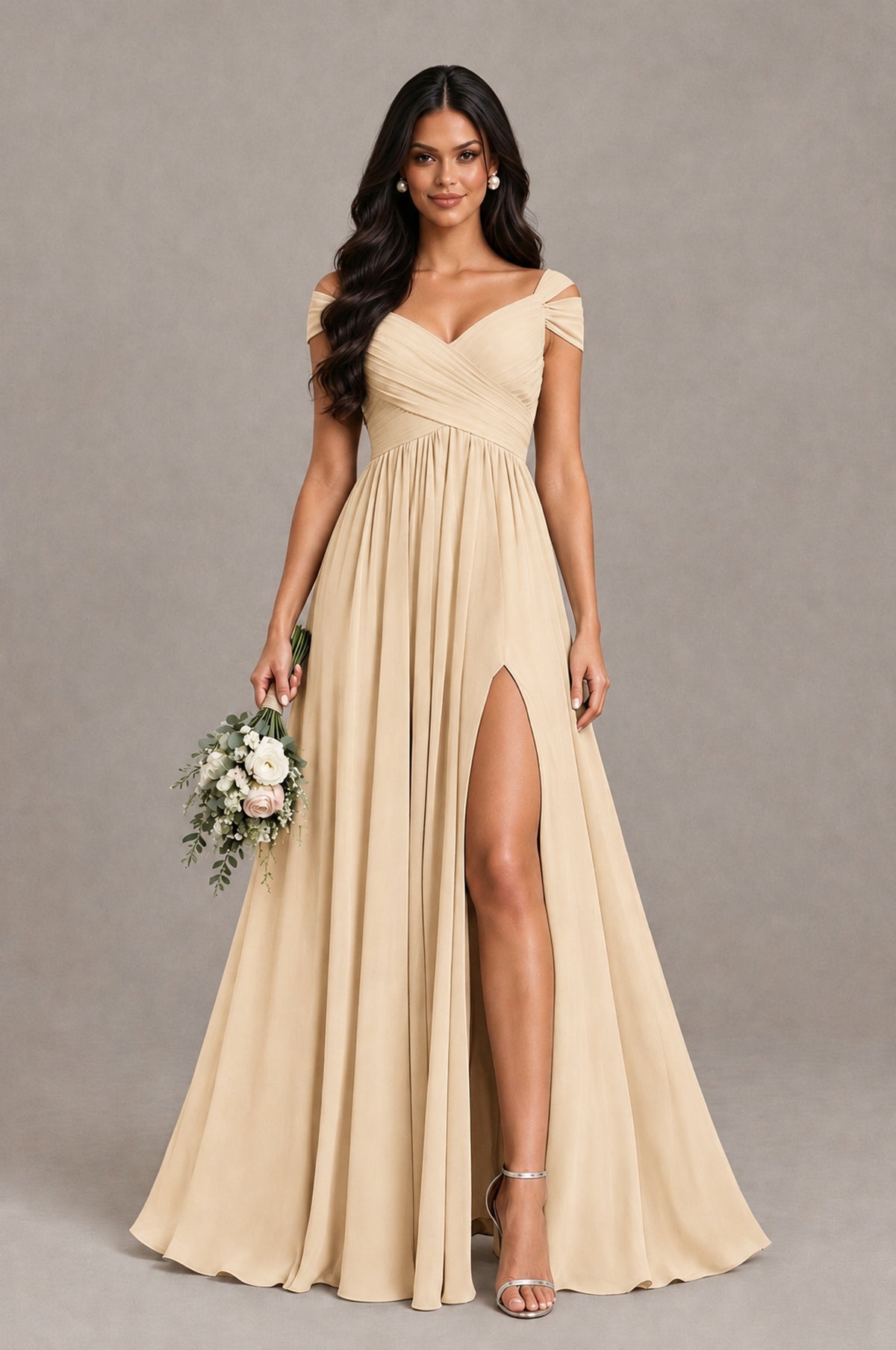 BOLODOO Champagne Cold Shoulder Chiffon Evening Dress with V Neck and High Slit - Champagne - Champagne_1