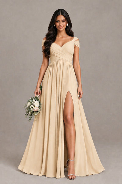 BOLODOO Champagne Cold Shoulder Chiffon Evening Dress with V Neck and High Slit - Champagne - Champagne_1