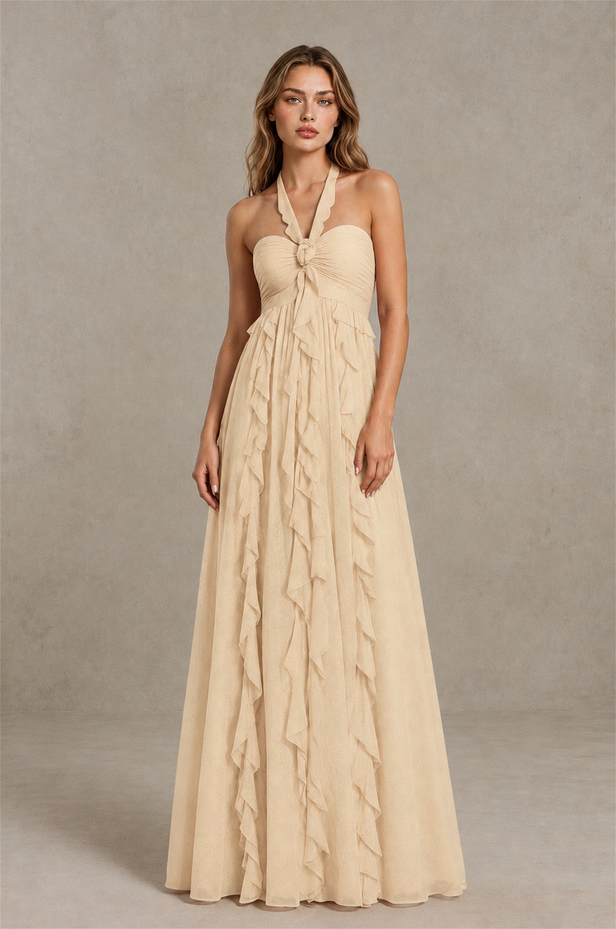 BOLODOO Champagne Halter Ruffle A-Line Floor-Length Evening Dress - Champagne - Champagne_1