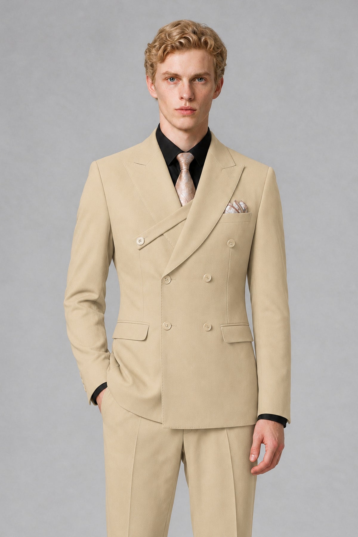 BOLODOO Men's Champagne Double-Breasted Two-Piece Suit – Jacket & Trousers - Champagne