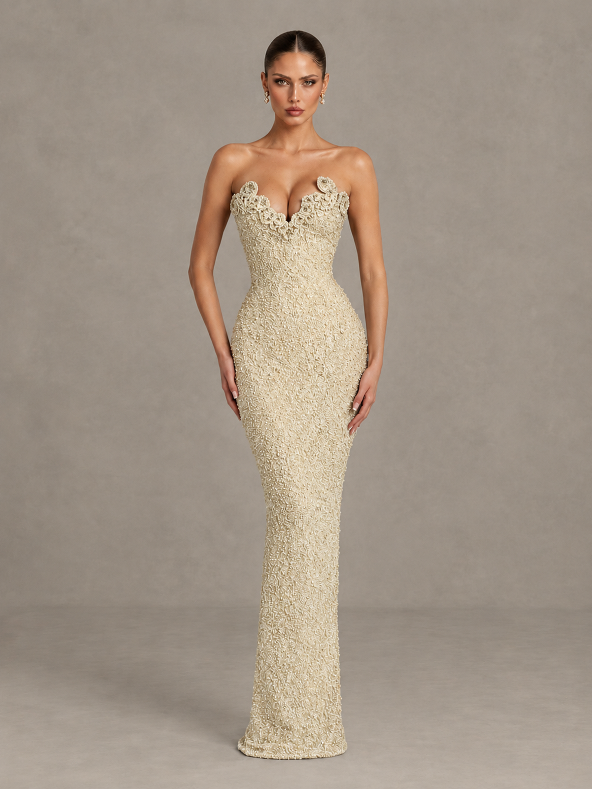 BOLODOO Champagne Strapless Sequin Evening Gown with Floral Neckline - Champagne - Champagne_1