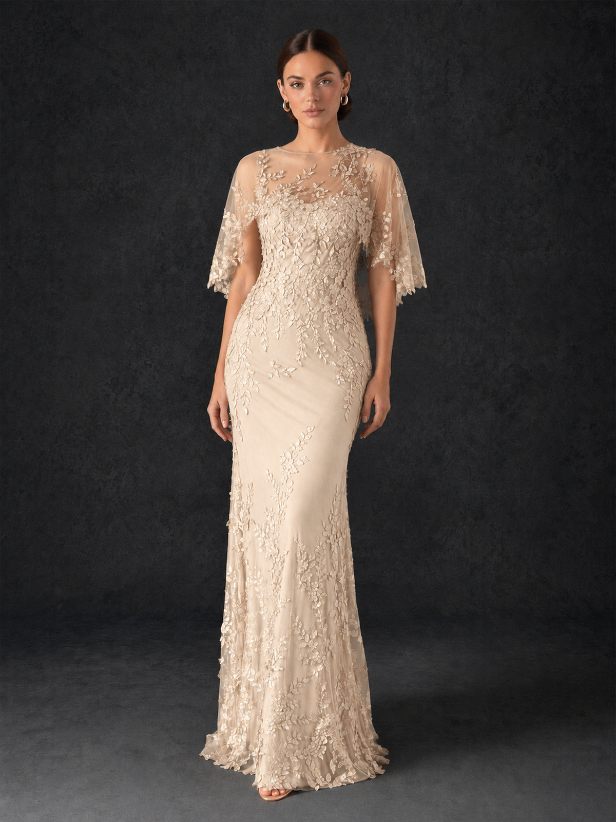 BOLODOO Mocha Champagne Botanical Lace Flutter Sleeve Mermaid Gown - Champagne