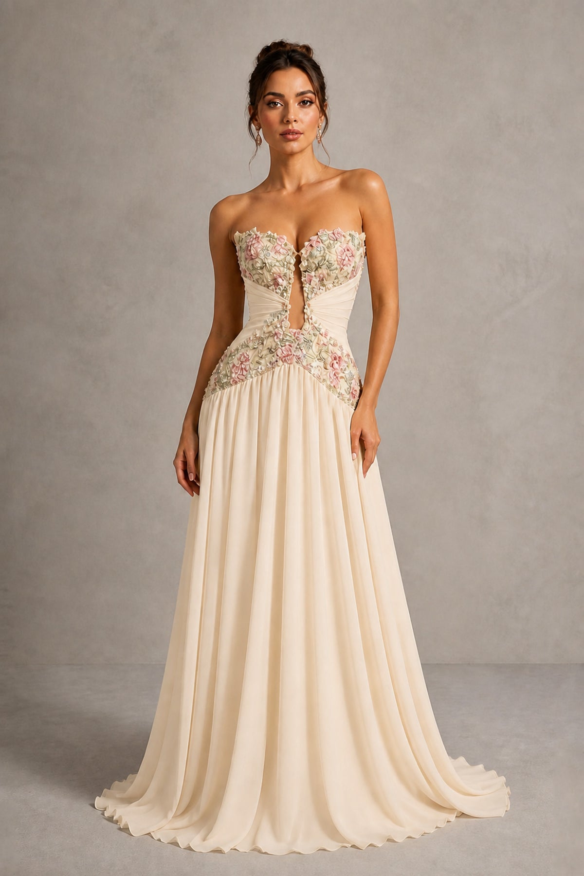 Champagne Strapless Sweetheart A-Line Chiffon Gown with 3D Floral Appliques & Cutout | BOLODOO - Champagne