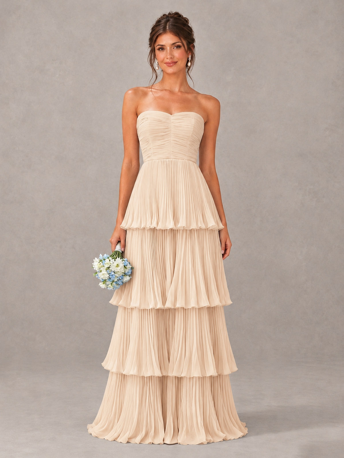 BOLODOO Champagne Strapless Tiered Pleated Bridesmaid Dress - Champagne - Champagne_1