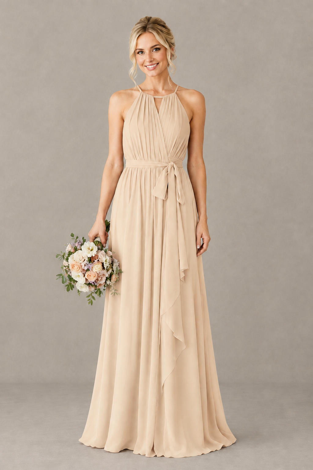 BOLODOO Champagne Halter Chiffon Bridesmaid Dress with High Slit - Champagne