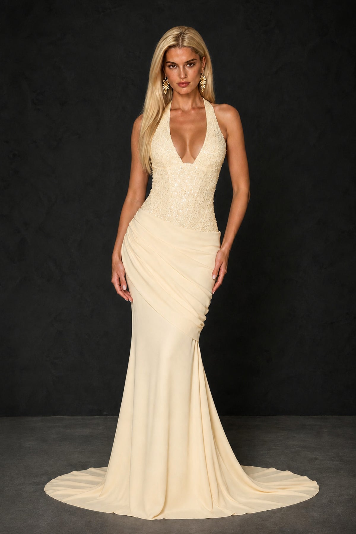 BOLODOO Champagne Halter Mermaid Gown – Deep V Open Back Sequin Formal Evening Dress with Train - Champagne