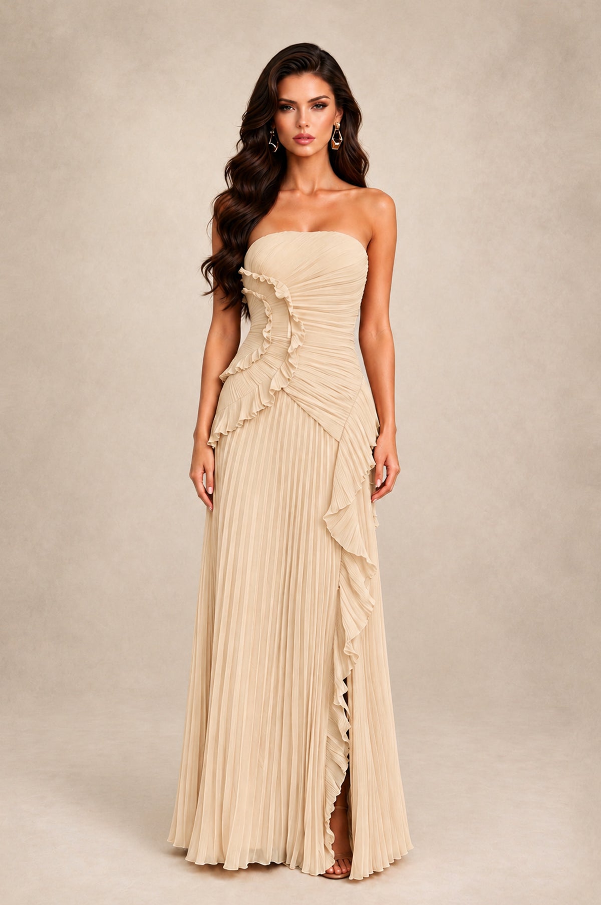 BOLODOO Champagne Strapless Ruffle Pleated Slit Evening Gown - Champagne - Champagne_1