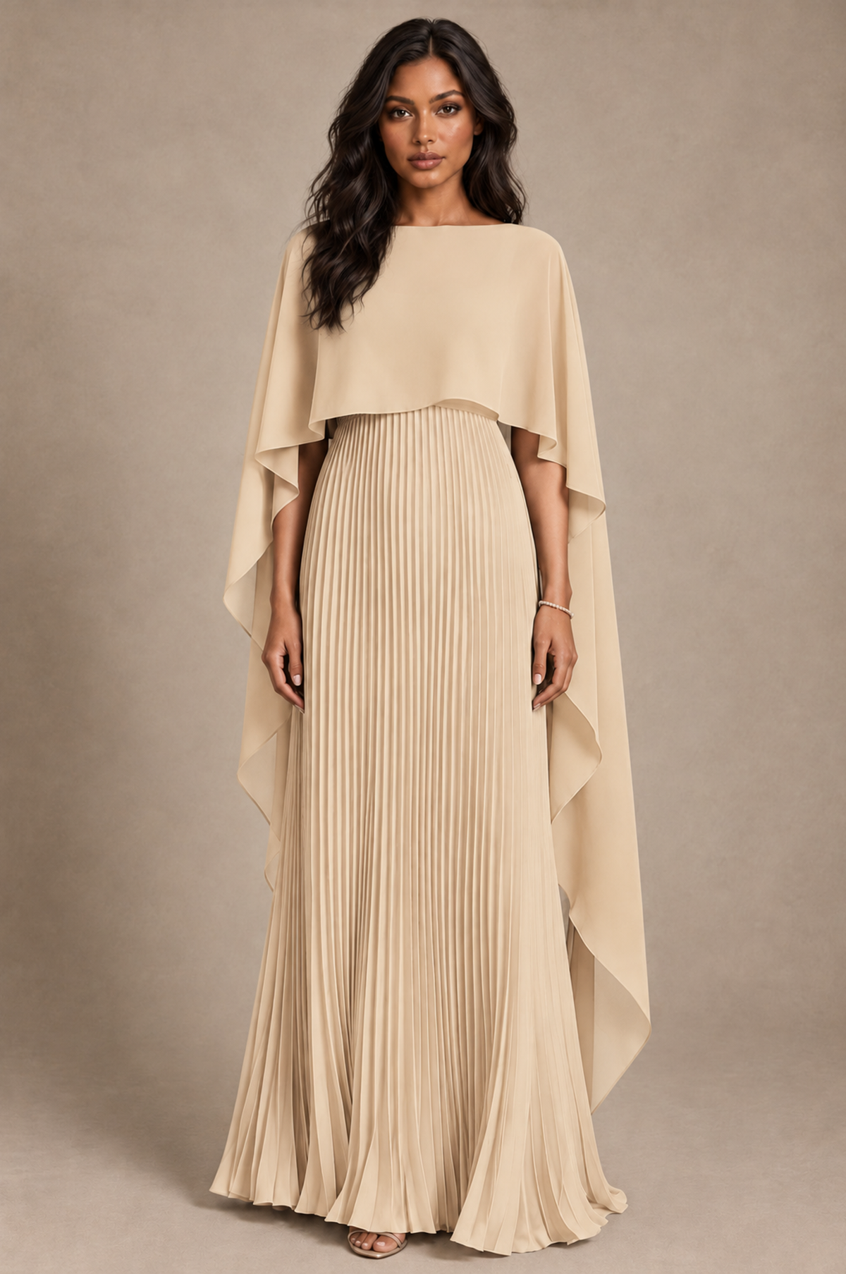 BOLODOO Champagne Pleated Cape A-Line Evening Dress - Champagne - Champagne_1