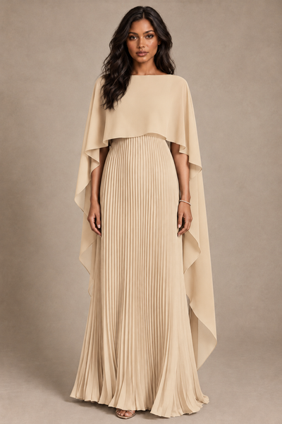 BOLODOO Champagne Pleated Cape A-Line Evening Dress - Champagne - Champagne_1
