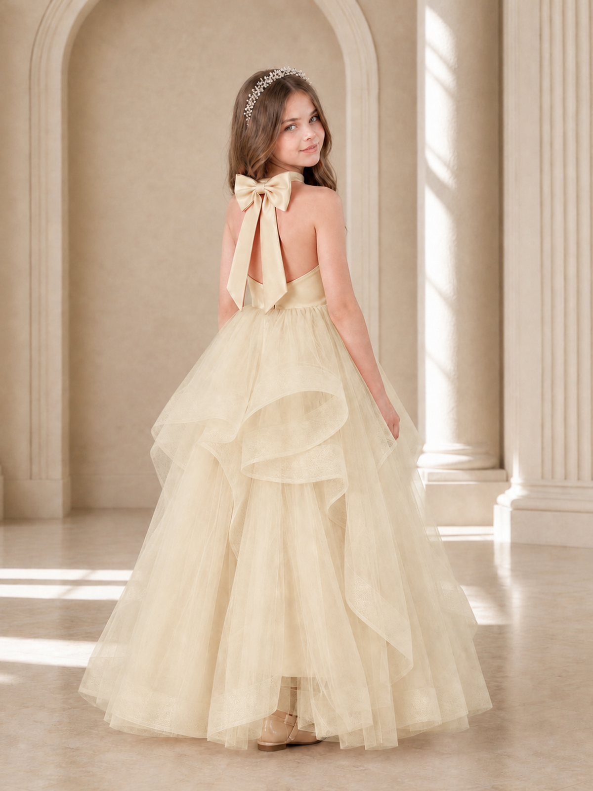 BOLODOO Champagne Halter Tiered Tulle Flower Girl Dress with Bow Back - Champagne - Champagne_1