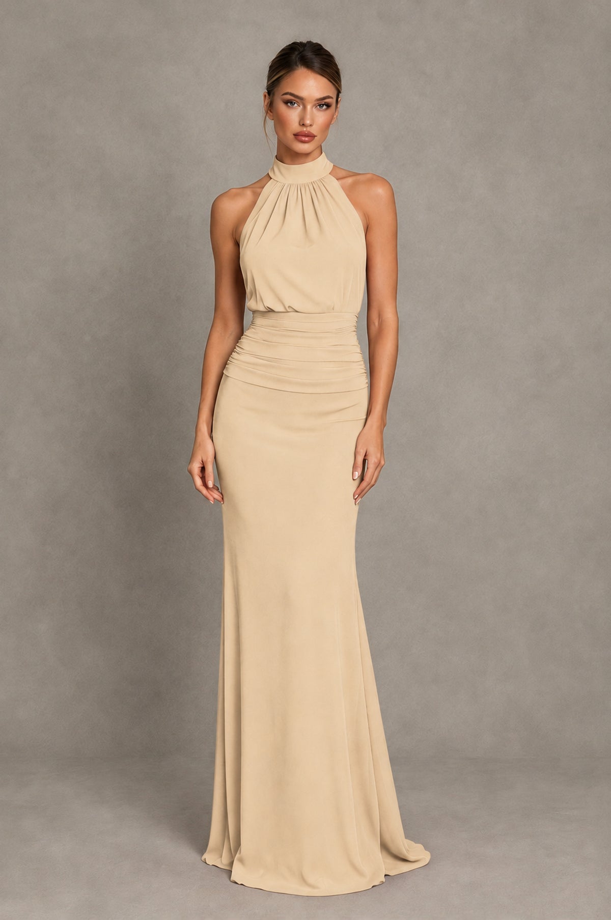 BOLODOO Champagne Chiffon Halter Maxi Formal Wedding Guest Dress - Champagne - Champagne_1