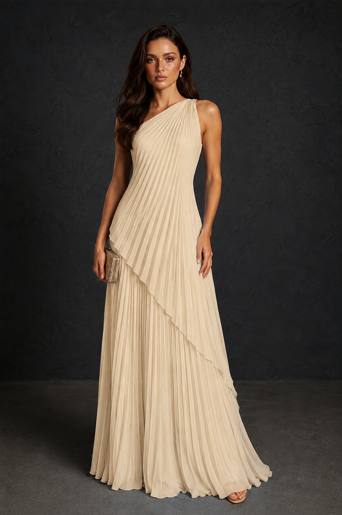 BOLODOO Champagne One-Shoulder Sunburst Pleated Asymmetric Layered Overlay Accordion Pleated Chiffon Maxi Dress - Champagne