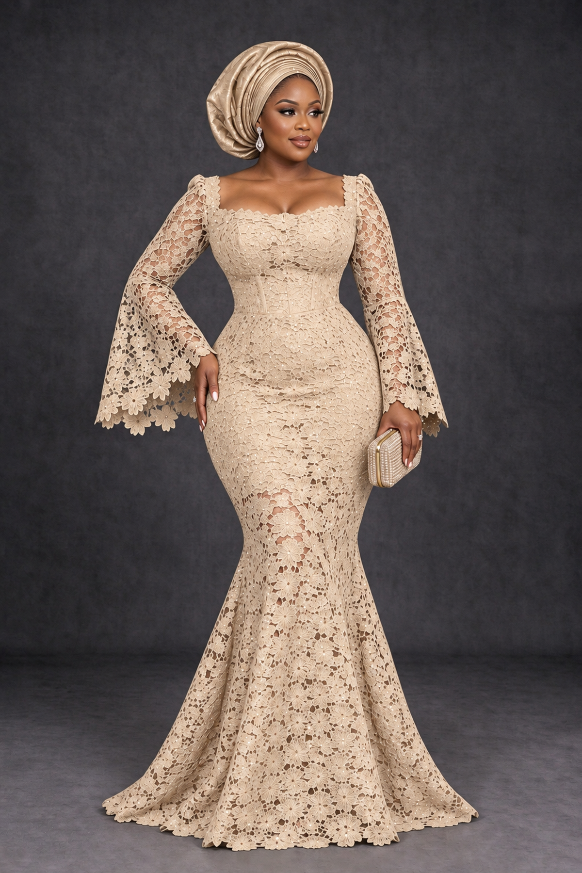 BOLODOO Champagne African Lace Mermaid Dress, Plus Size Nigerian Wedding Guest Gown with Bell Sleeves - Champagne - Champagne_1