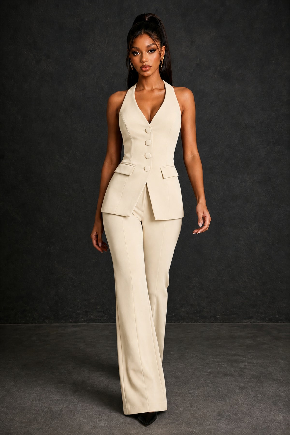 BOLODOO Champagne Halter Neck Deep V Open Back– Formal Suit with Wide-Leg Pants - Champagne