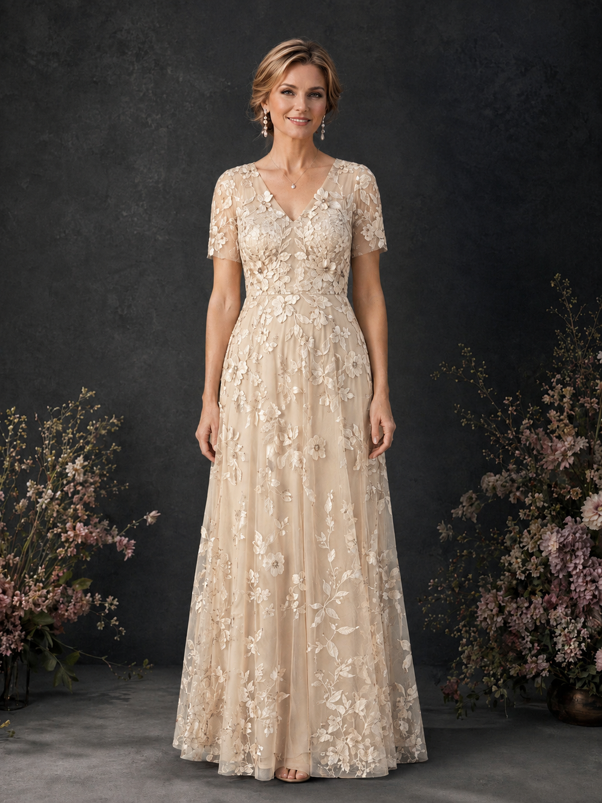 BOLODOO Champagne 3D Floral Embroidered Lace V-Neck Short Sleeve A-Line Maxi Dress - Champagne