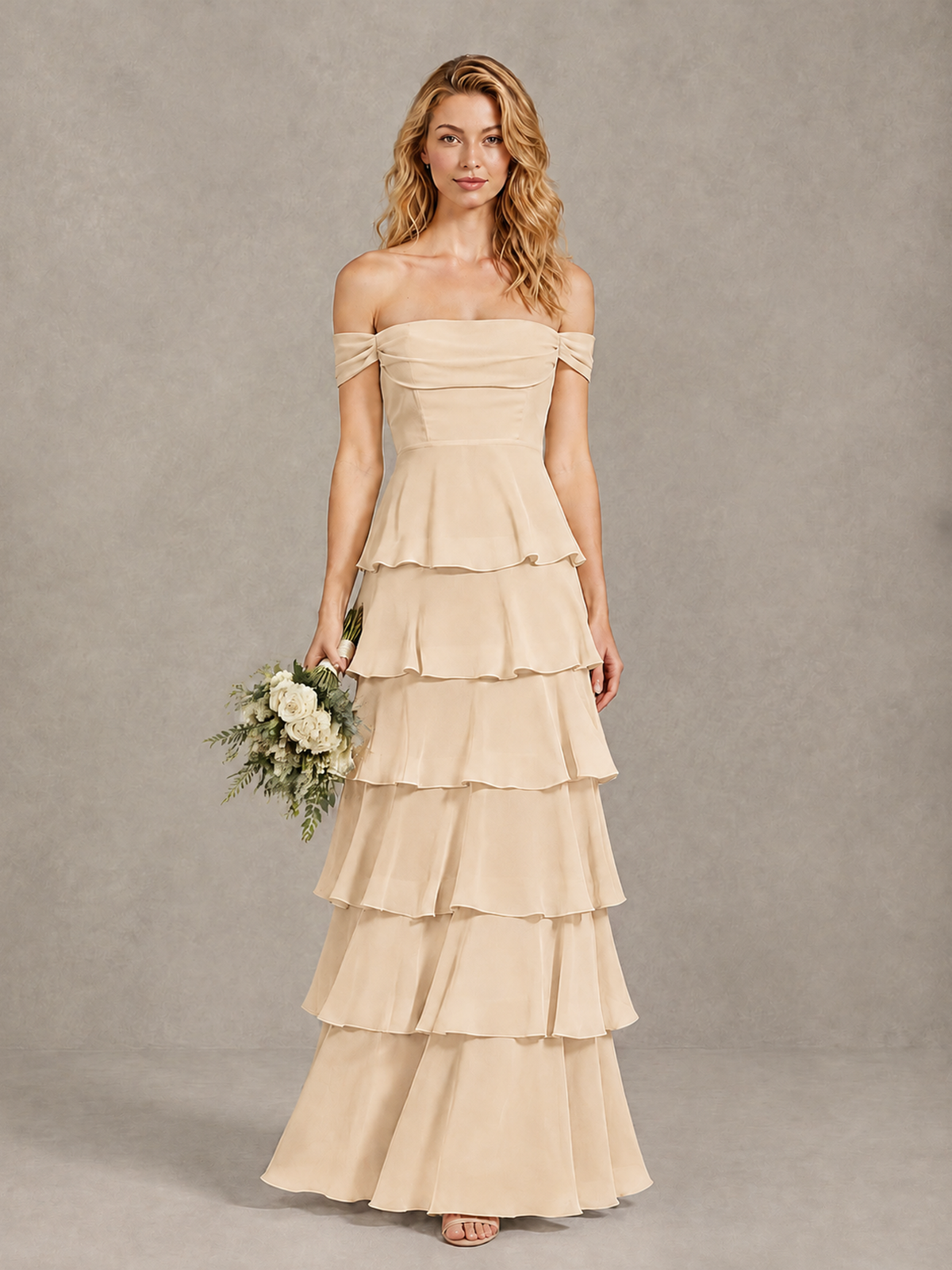 BOLODOO Champagne Off-Shoulder Tiered Ruffle Bridesmaid Dress with Lace-Up Back - Champagne - Champagne_1