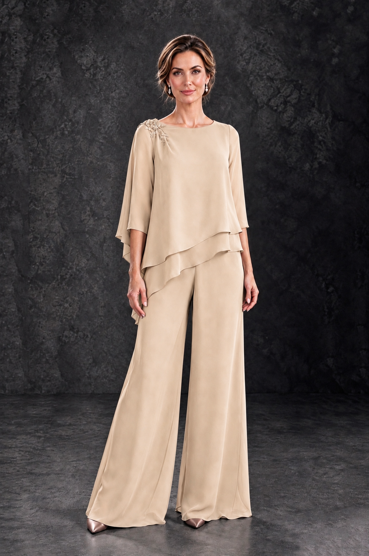 BOLODOO Champagne Layered Wide-Leg Mother of the Bride Pant Suit - Champagne - Champagne_1