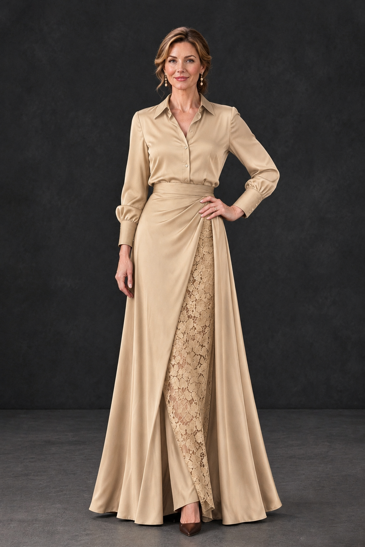 BOLODOO Champagne Long Sleeve Satin-Look Lace Panel Gown - Champagne - Champagne_1