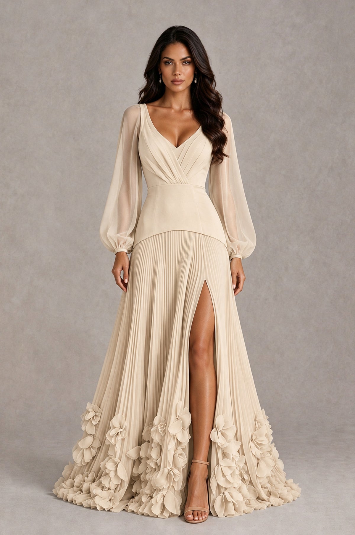 BOLODOO Champagne V-Neck Long Sleeve Pleated Floral Hem Evening Dress - Champagne - Champagne_1