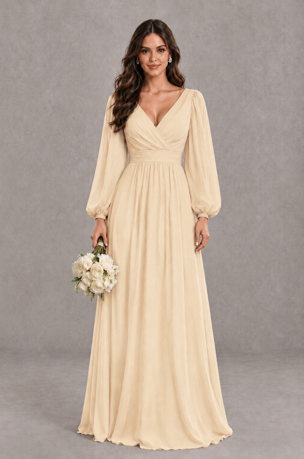 BOLODOO Champagne Long Sleeve V-Neck A-Line Bridesmaid Dress - Champagne - Champagne_1