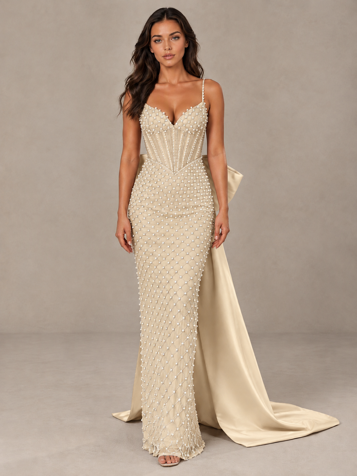 BOLODOO Champagne Beaded Corset Prom Dress with Bow Train - Champagne - Champagne_1