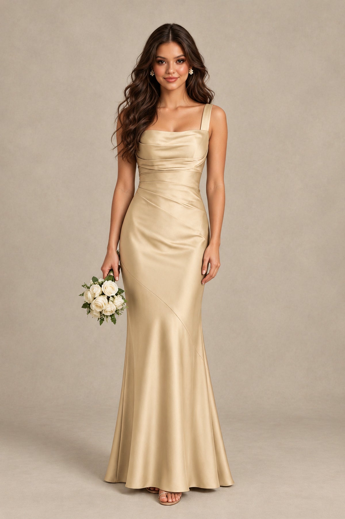 BOLODOO Champagne Square Neck Ruched Satin Lace-Up Bridesmaid Dress - Champagne - Champagne_1