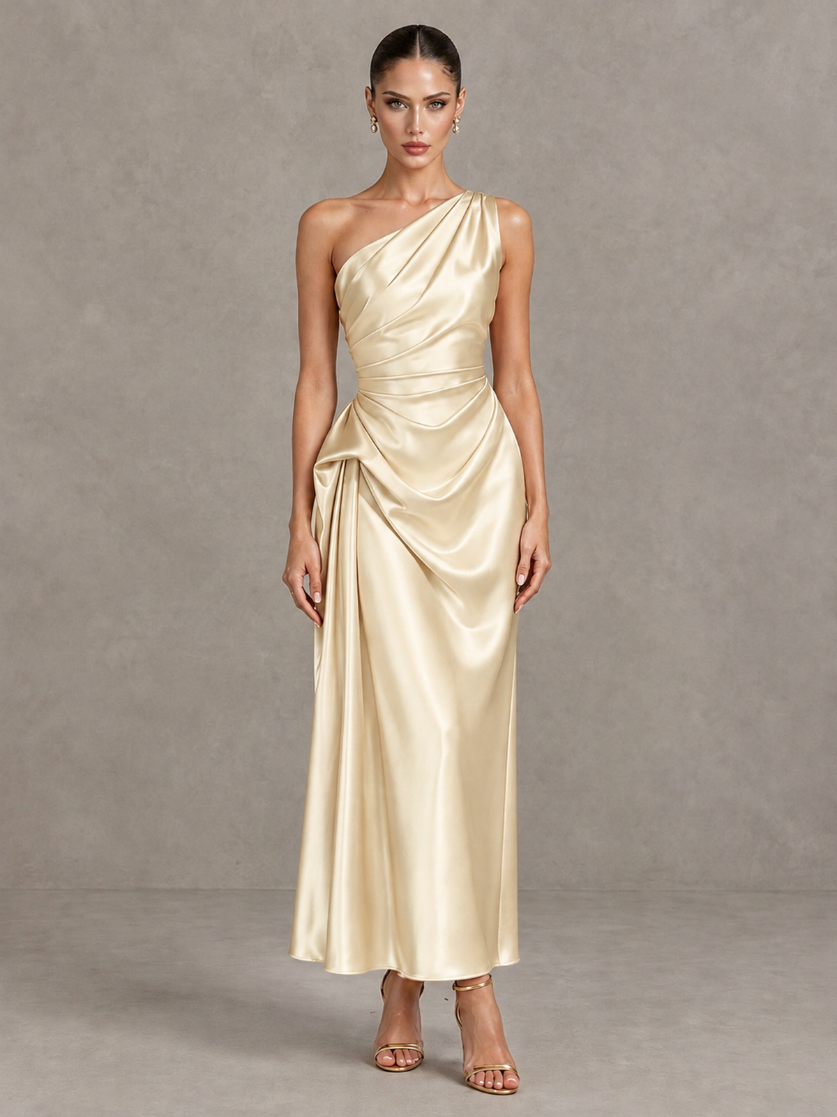 BOLODOO Champagne One Shoulder Satin Cocktail Dress with Draped A-Line Skirt - Champagne - Champagne_1