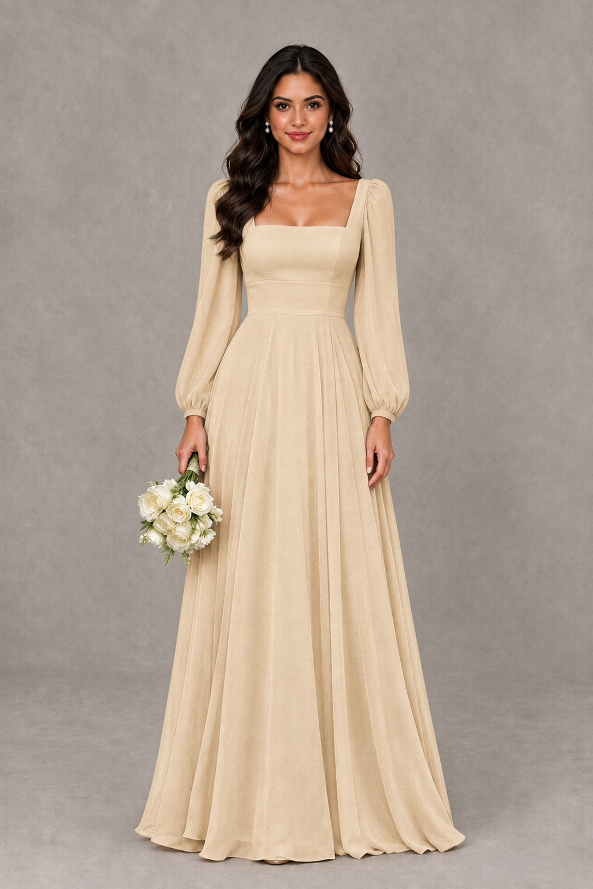BOLODOO Champagne Square Neck Long Sleeve A-Line Bridesmaid Dress - Champagne - Champagne_1