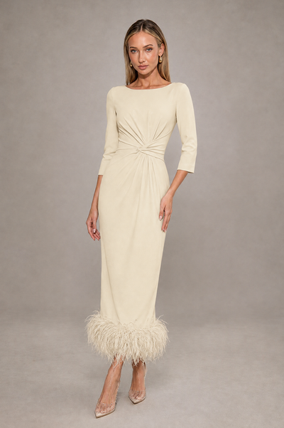 BOLODOO Champagne Feather-Trim Twist-Waist Midi Dress - Champagne - Champagne_1