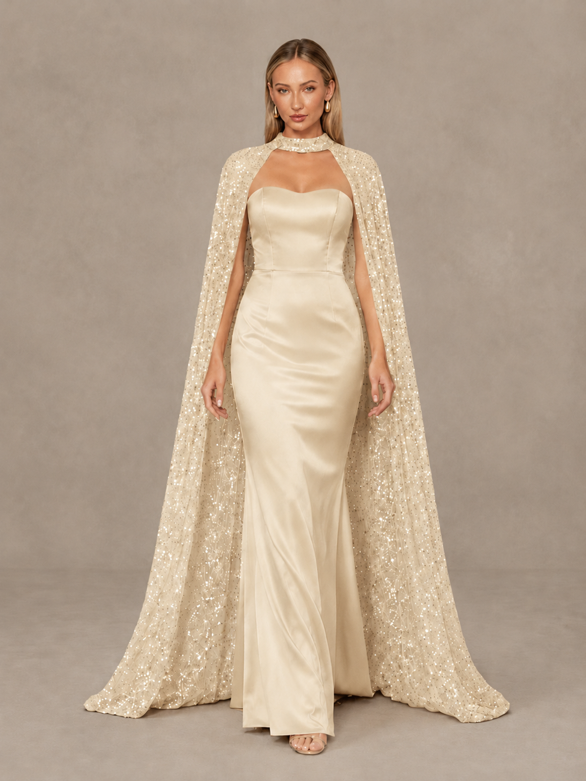 BOLODOO Champagne Strapless Satin-Look Evening Gown with Sequin Cape - Champagne - Champagne_1