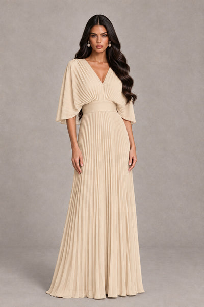 BOLODOO Champagne V-Neck Pleated Flutter Sleeve Formal Dress - Champagne - Champagne_1