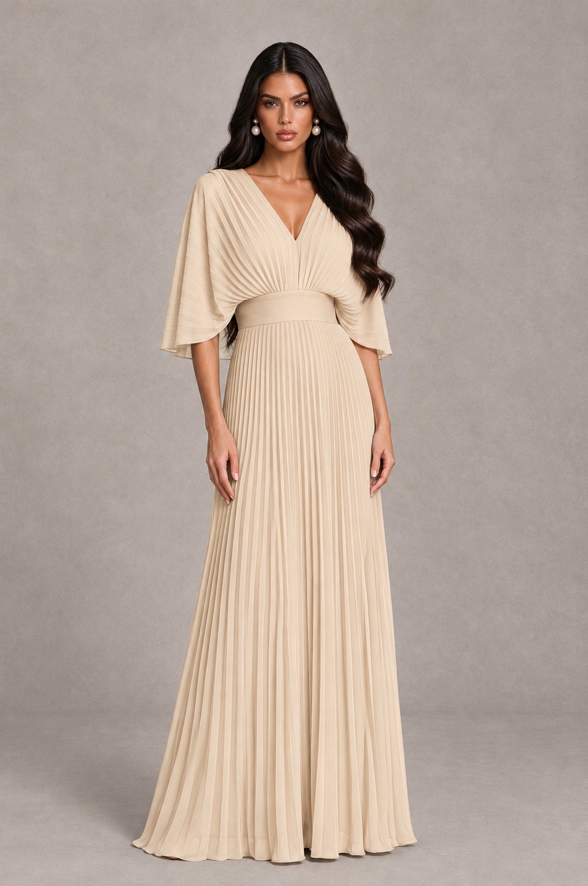 BOLODOO Champagne V-Neck Pleated Flutter Sleeve Formal Dress - Champagne - Champagne_1