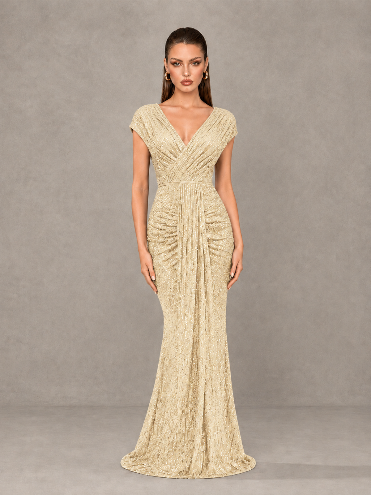 BOLODOO Champagne Glitter V-Neck Cap Sleeve Ruched Mermaid Evening Gown - Champagne - Champagne_1