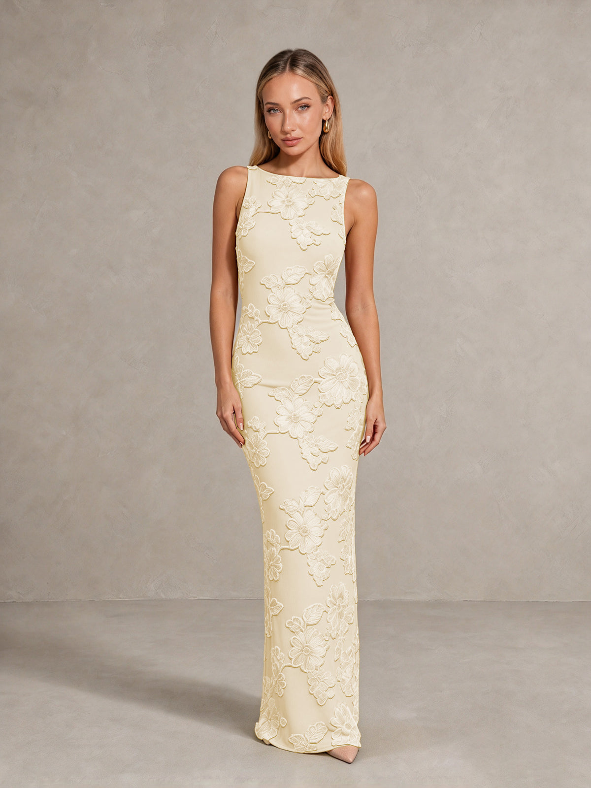BOLODOO Champagne Floral Sleeveless Maxi Wedding Guest Dress - Champagne - Champagne(1)