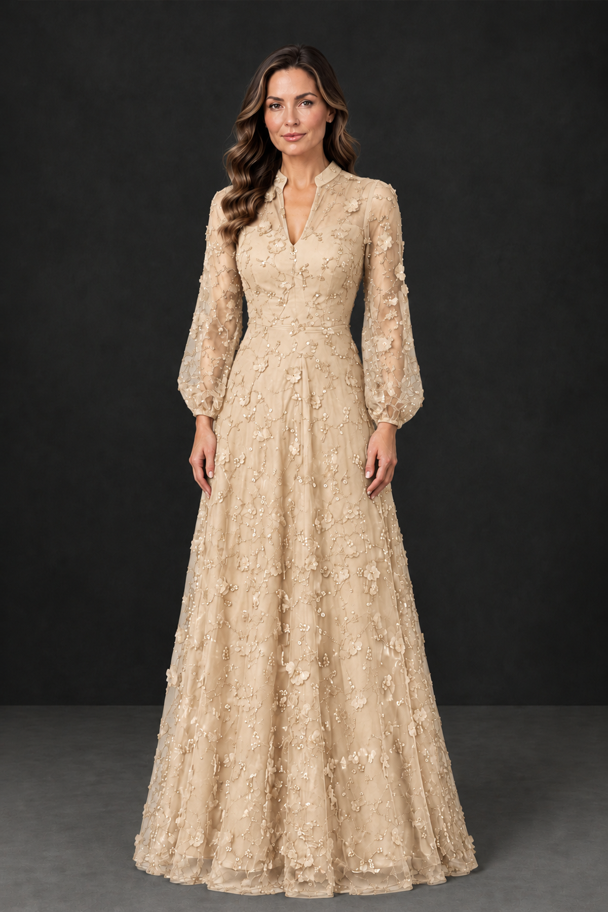 BOLODOO Champagne Long Sleeve Floral Mother of the Bride Dress - Champagne - Champagne_1