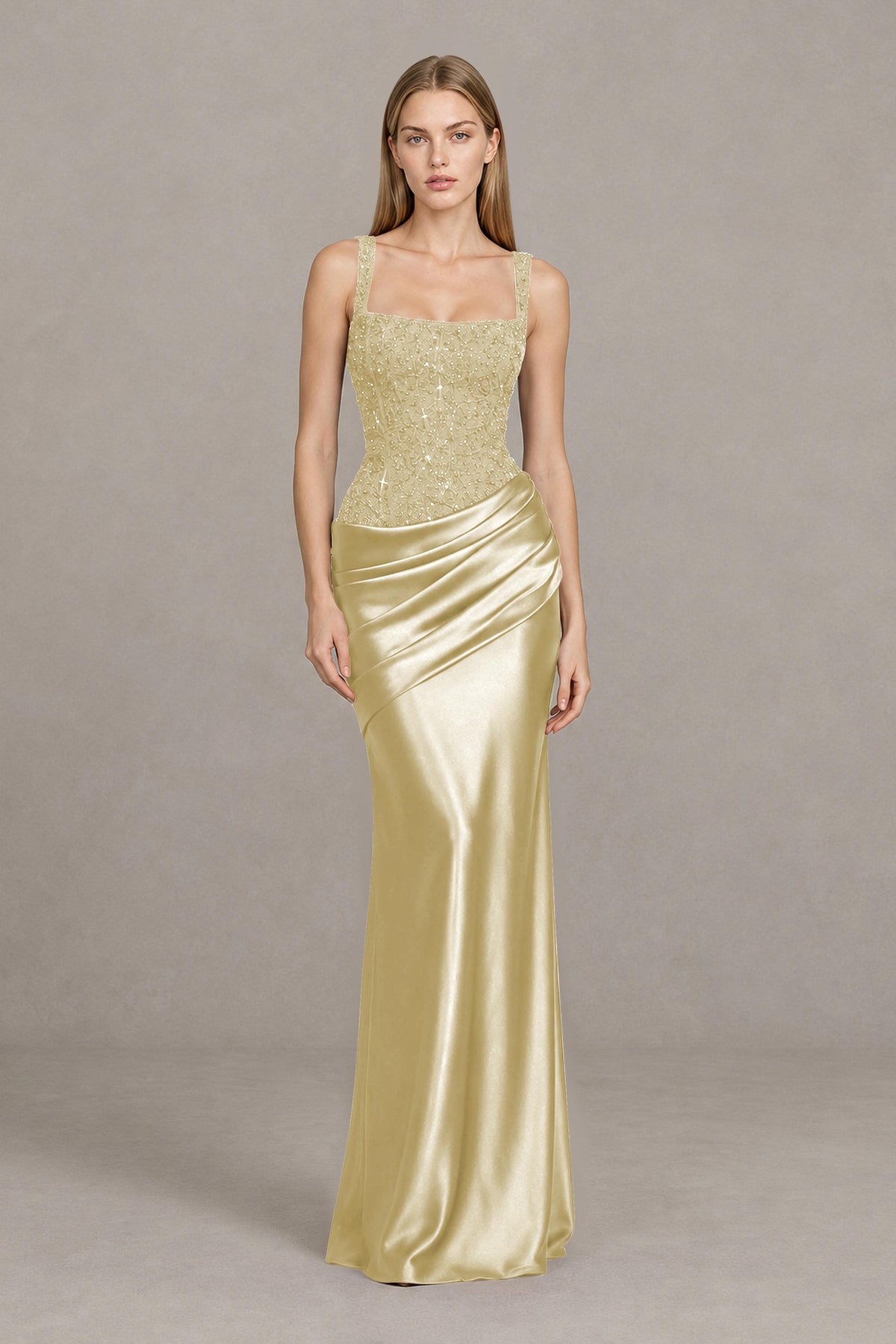 BOLODOO Champagne Square Neck Embellished Satin Evening Gown - Champagne